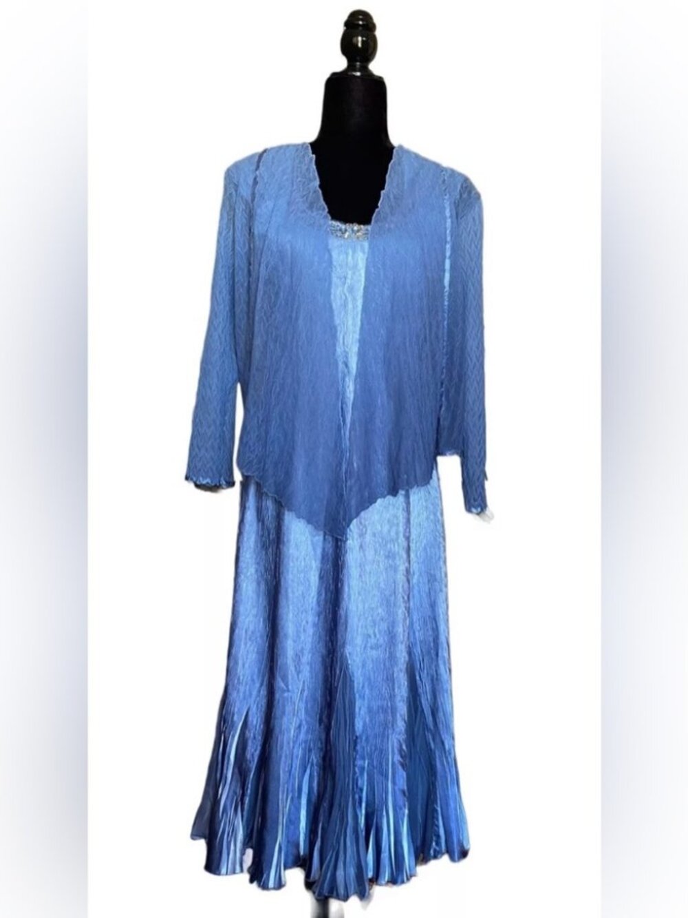 548 NWT Komarov Charmeuse Chiffon 2 Pc Beaded Dress Jacket Set Blue Size M